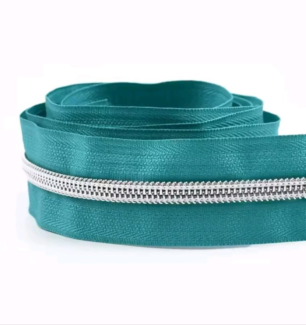 #5 Nylon Coil Zipper - 1m - Teal Zipper with Silver Nylon Coil