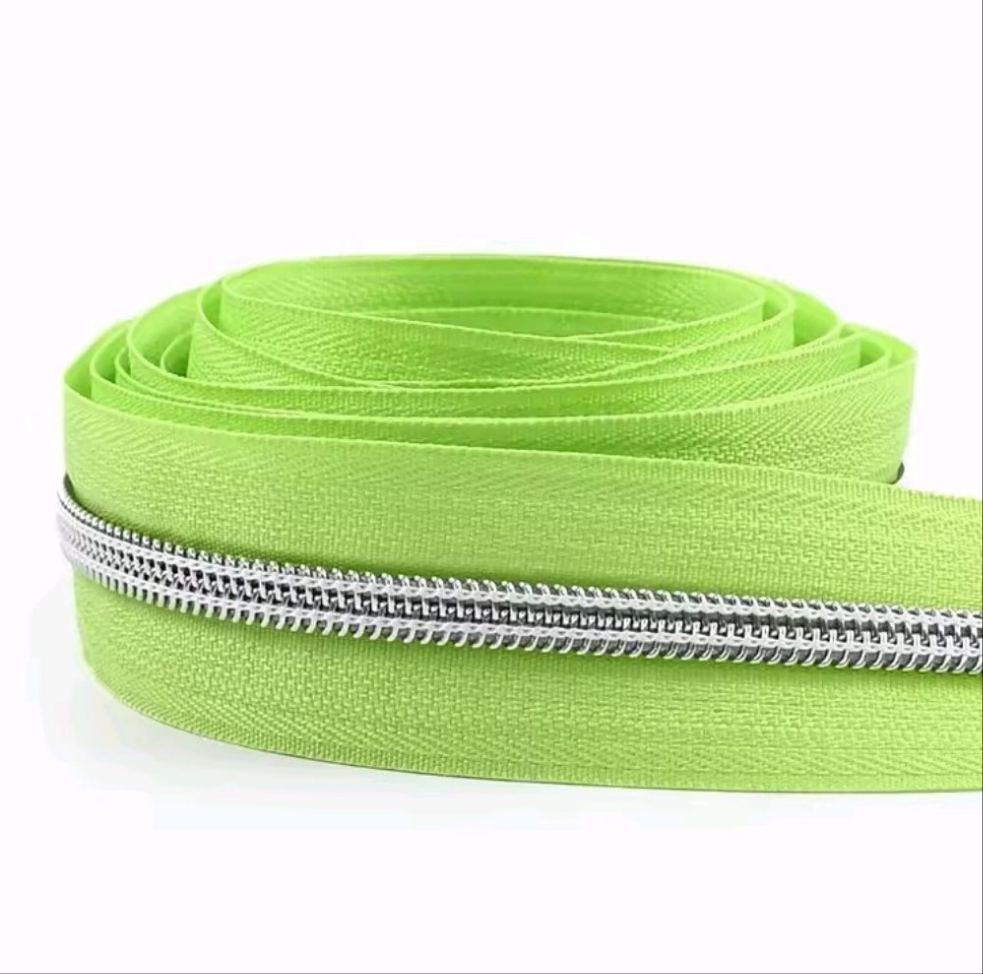 #5 Nylon Coil Zipper - 1m - Lime Zipper with Silver Nylon Coil