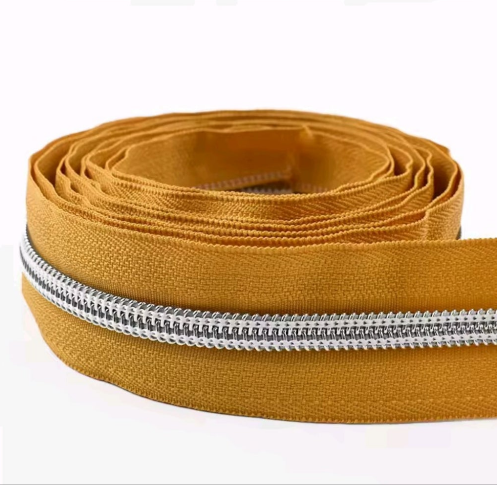#5 Nylon Coil Zipper - 1m - Dark Mustard Zipper with Silver Nylon Coil