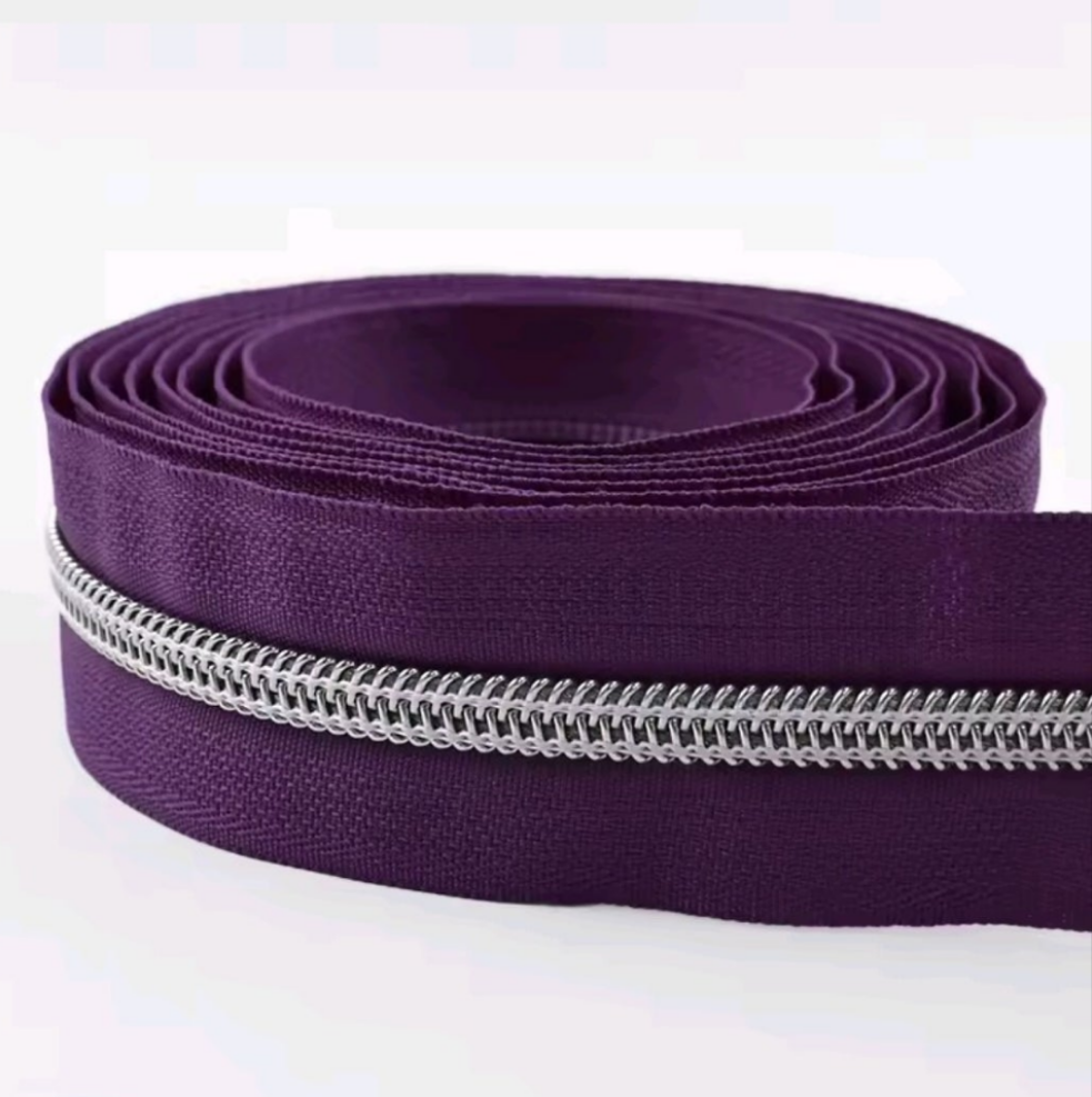 #5 Nylon Coil Zipper - 1m - Aubergine Zipper with Silver Nylon Coil
