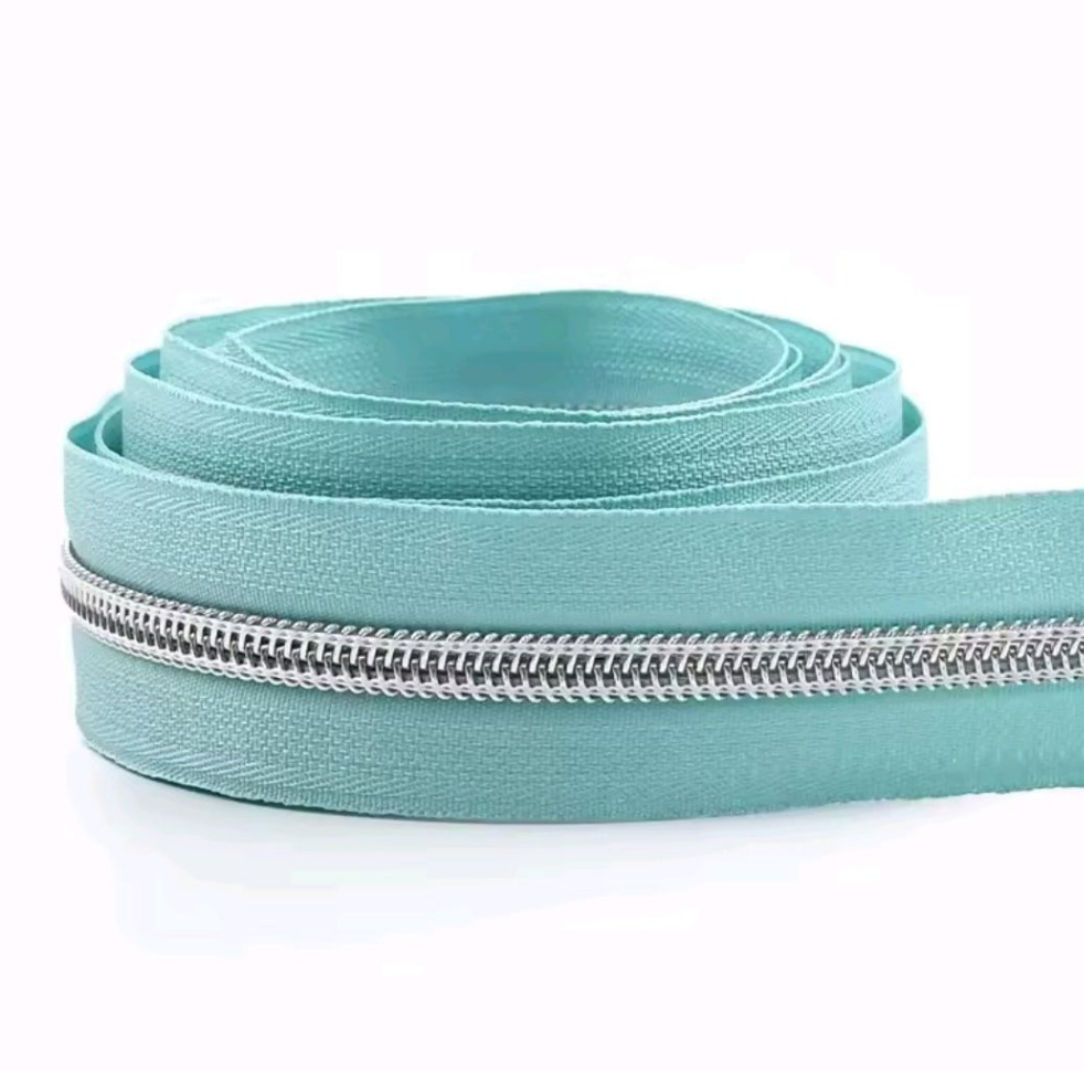 #5 Nylon Coil Zipper - 1m - Duck Egg Zipper with Silver Nylon Coil