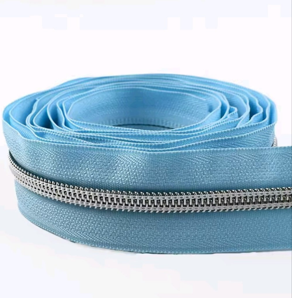 #5 Nylon Coil Zipper - 1m - Sky Blue Zipper with Silver Nylon Coil