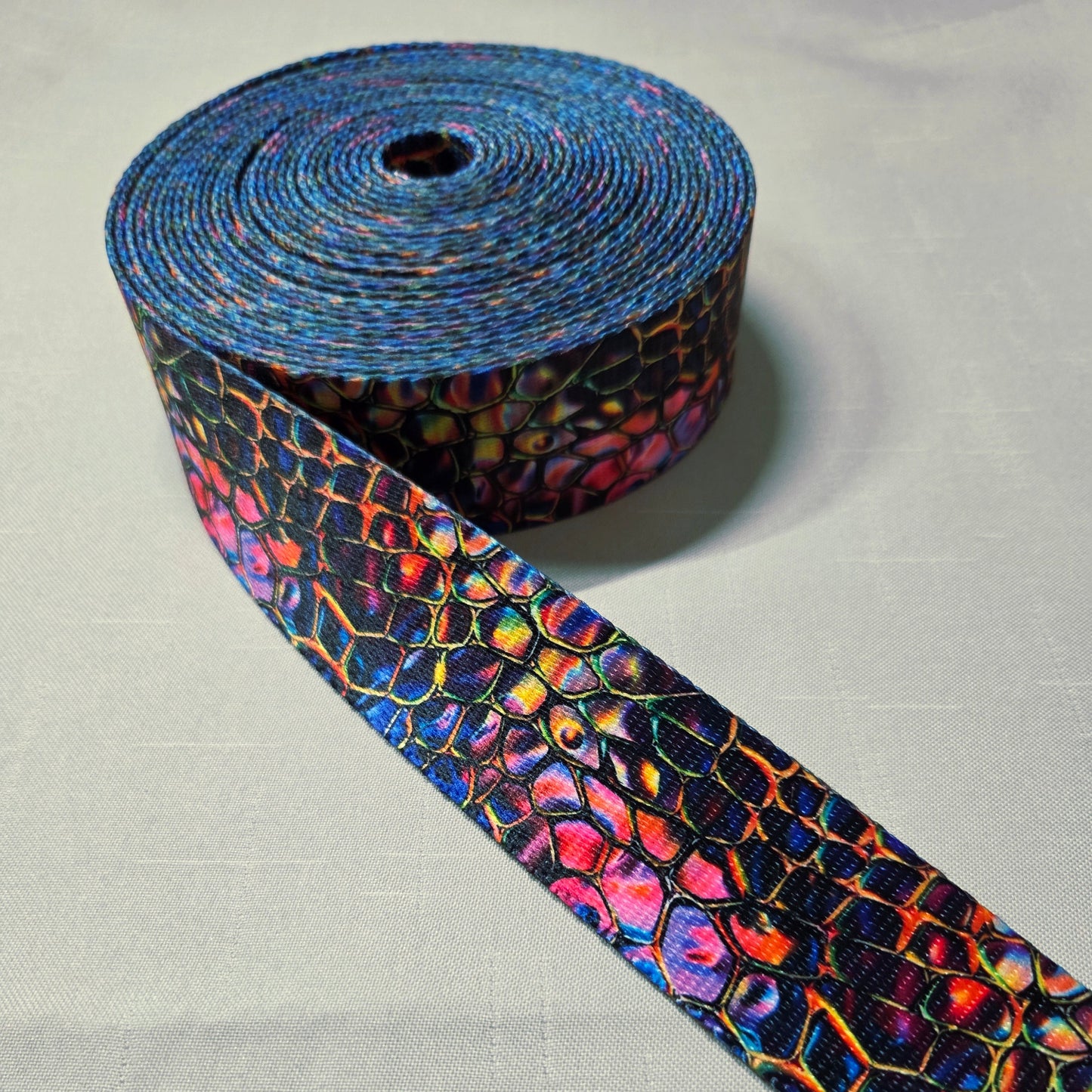 Printed Polyester Webbing - 38mm wide - 1m - Dark Shimmer Holo Croc