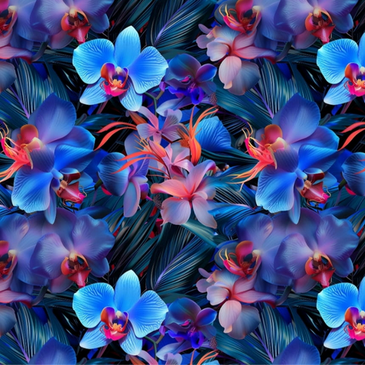 Colorful floral pattern with blue and pink orchid flowers on a dark background