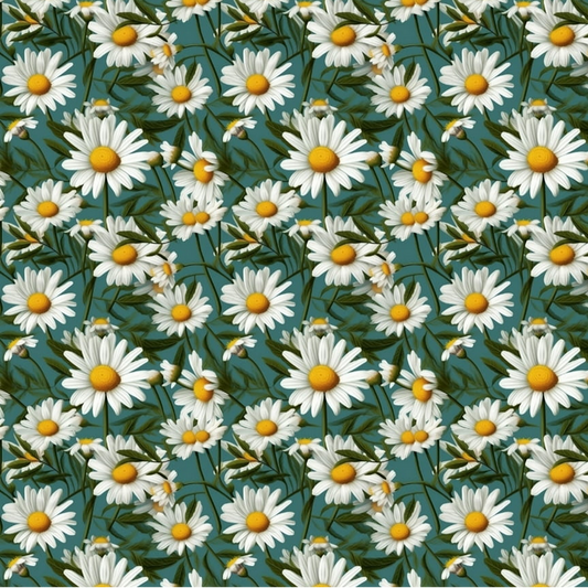 Pattern of white daisies with yellow centers on a green background