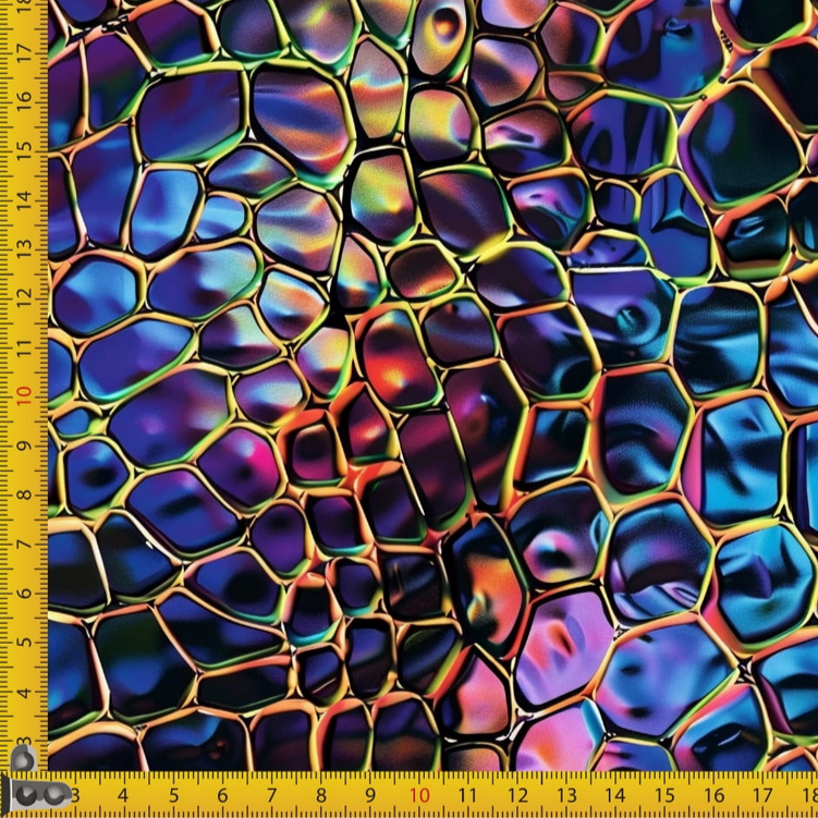 Colorful iridescent croc scale fabric pattern with a ruler for scale on the left