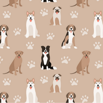 Pattern of cartoon dogs and paw prints on a beige background 