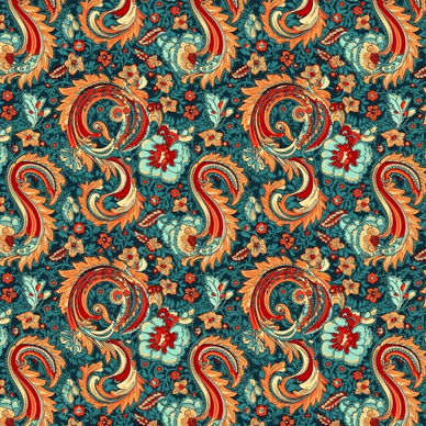 Patterned fabric with colorful paisley design on a blue background