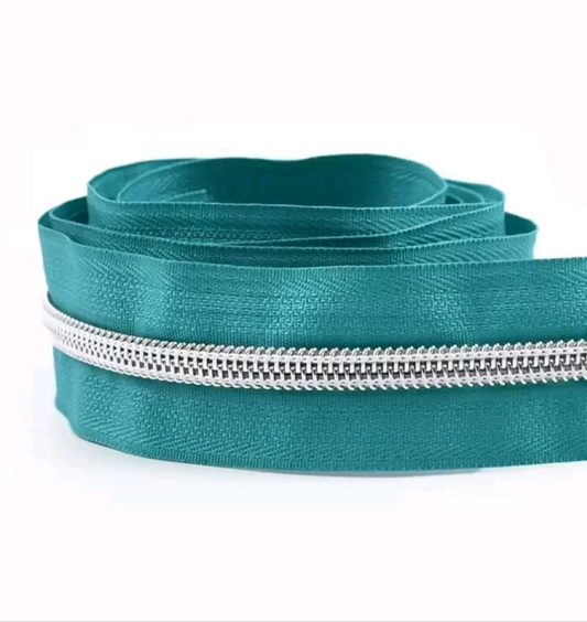 #5 Nylon Coil Zipper - 1m - Teal Zipper with Silver Nylon Coil