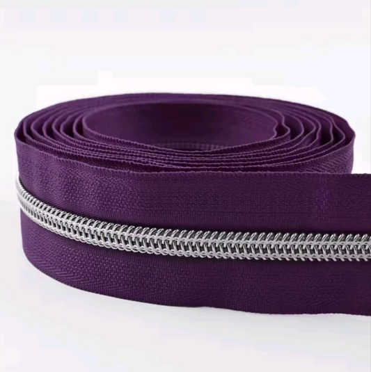 #5 Nylon Coil Zipper - 1m - Aubergine Zipper with Silver Nylon Coil