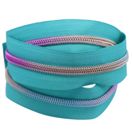 #5 Nylon Coil Zipper - 50cm - Green Turquoise Zipper with Rainbow Coil