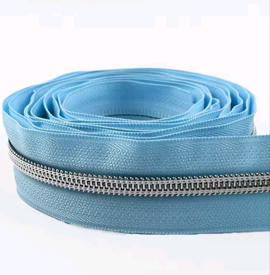 #5 Nylon Coil Zipper - 1m - Sky Blue Zipper with Silver Nylon Coil