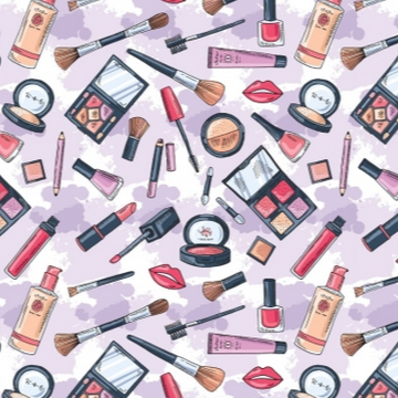 A fabric with a print of various beauty accessories like makeup brushes, lipsticks, and eyeshadow palettes, predominantly in pink, blue, and green shades.