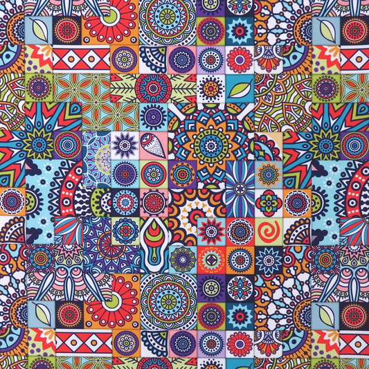 Colorful mosaic tiles pattern with various geometric and floral designs.