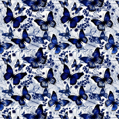 Pattern of blue butterflies and flowers on a white background 