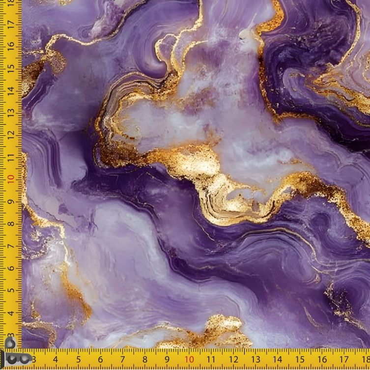 Marble-patterned fabric with gold accents and a ruler for scale