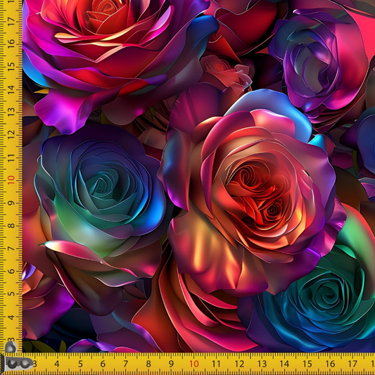 A colorful piece of waterproof canvas fabric with a floral rose pattern displayed alongside a measuring scale.