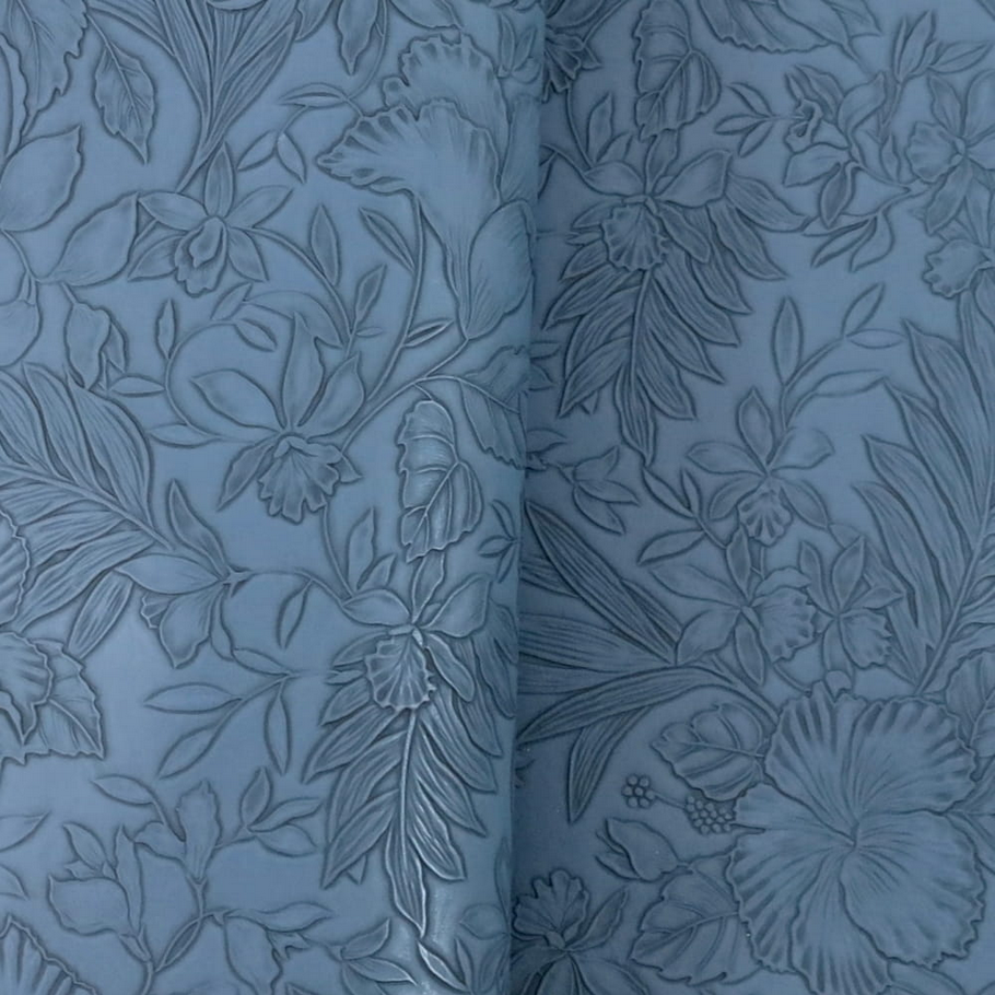 Floral Embossed Faux Leather / Vinyl - Blue - 50cm x 140 cm