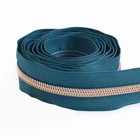 #5 Nylon Coil Zipper - 1m - Dark Teal Zipper with Rose Gold Nylon Coil