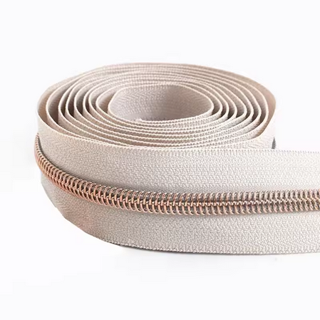 #5 Nylon Coil Zipper - 1m - Beige Zipper with Rose Gold Nylon Coil