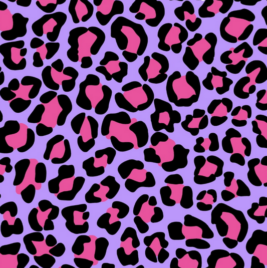 Leopard print pattern with pink and black spots on a purple background