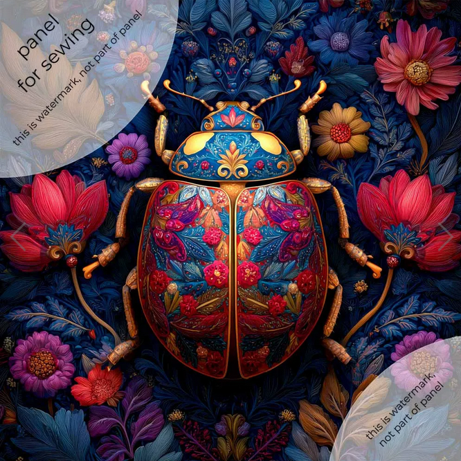 Colorful beetle surrounded by flowers on a dark background