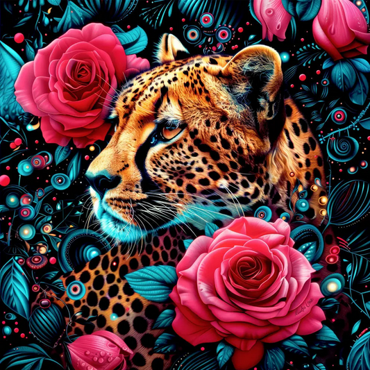 Leopard surrounded by pink roses and decorative elements on a dark background