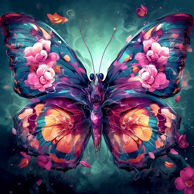 Colorful butterfly with floral patterns on a dark background