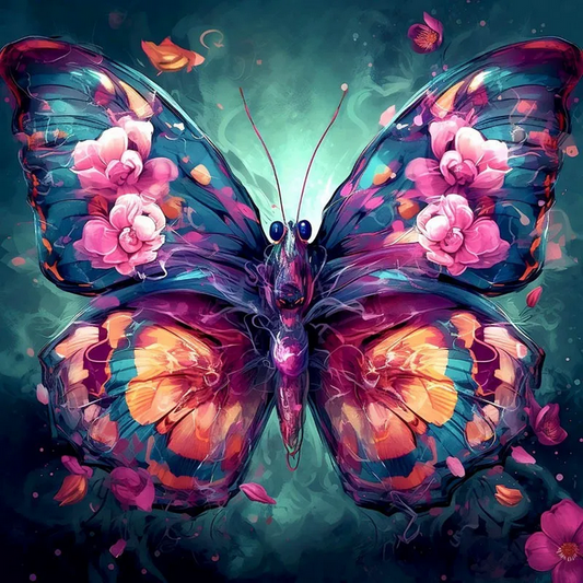 Colorful butterfly with floral patterns on a dark background