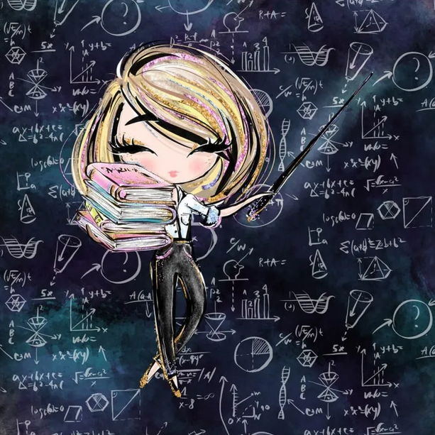 Illustration of a person holding books with mathematical equations and diagrams in the background