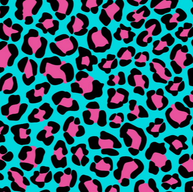 Leopard print pattern with pink and black spots on a blue background
