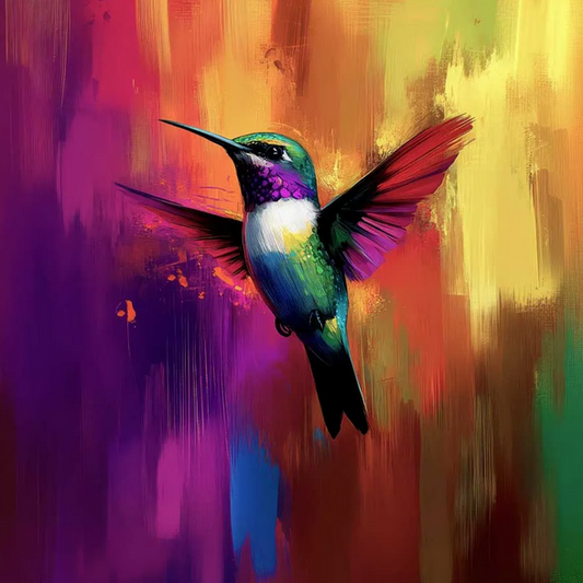 Colorful hummingbird painting on a multicolored abstract background