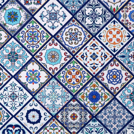 Pattern of colorful tiles with decorative designs on a white background