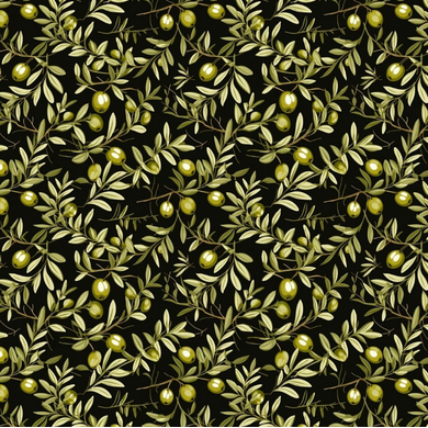 Pattern of green leaves and berries on a black background 