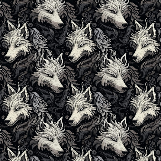 Pattern of wolf heads on a dark background 