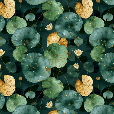 Pattern of green and gold leaves with white flowers on a dark background