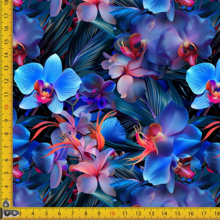 Tropical floral pattern with blue and pink orchid flowers on a dark background, featuring a ruler for scale.