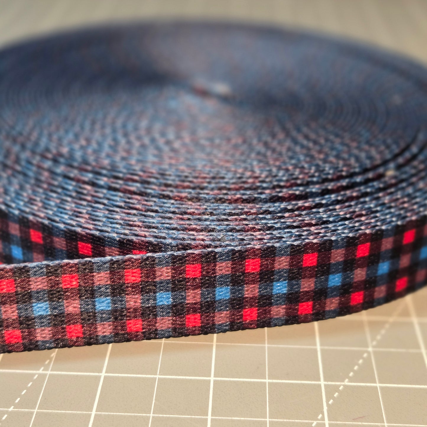 Printed Polyester Webbing - 24mm wide - 1m - Blue & Red Check