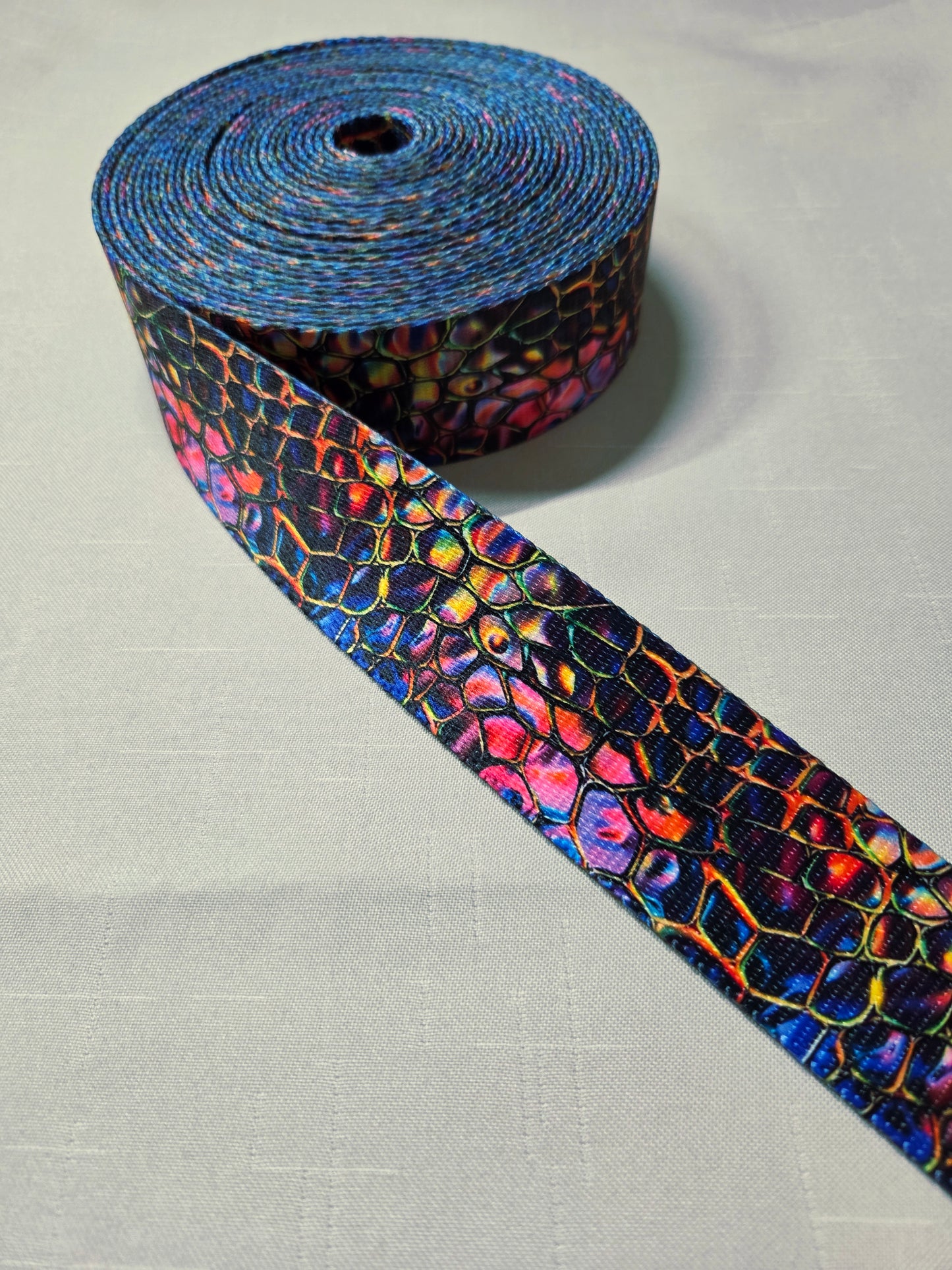 Printed Polyester Webbing - 38mm wide - 1m - Dark Shimmer Holo Croc