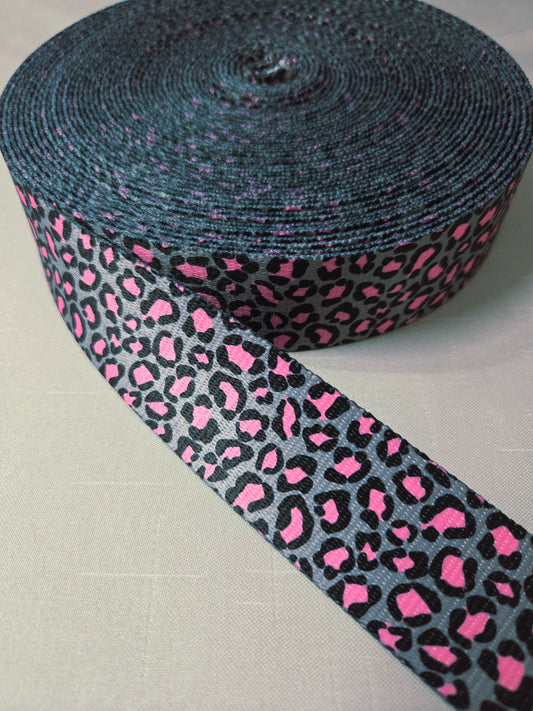 Printed Polyester Webbing - 38mm wide - 1m - Grey & Pink Leopard
