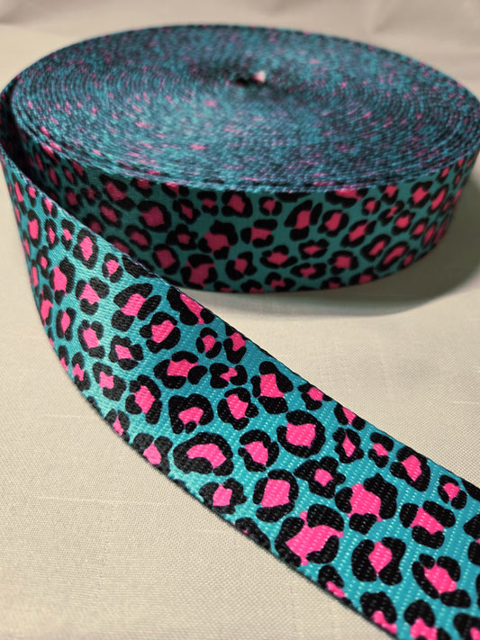 Printed Polyester Webbing - 38mm wide - 1m - Pink & Cyan Leopard